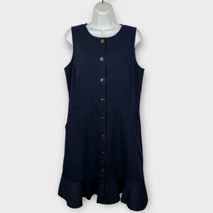 Loft Navy Blue Sleeveless Knee Length Dress Size 10 Faux Button Front Ruffle Hem